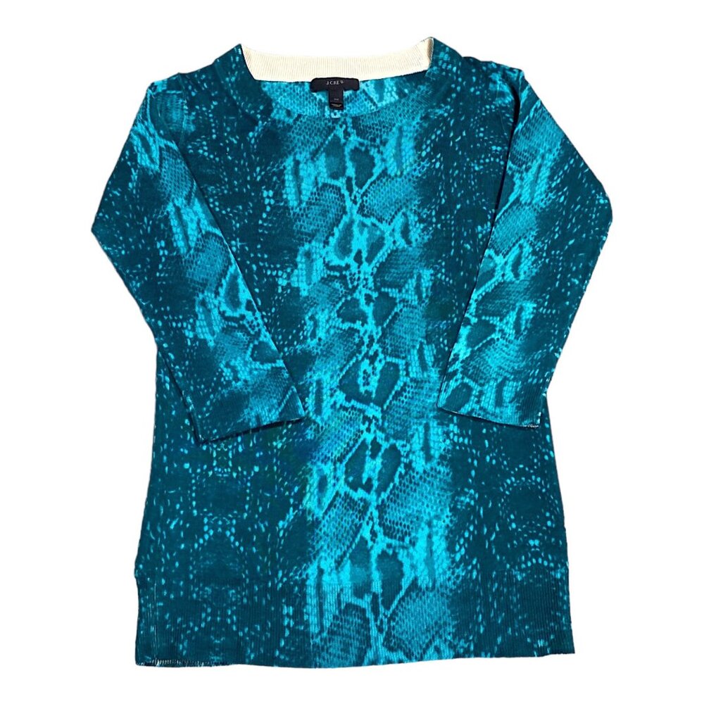 J. Crew Sweater Womens XXS Tippi Teal Python Snakeskin Print 3/4 Sleeve Office